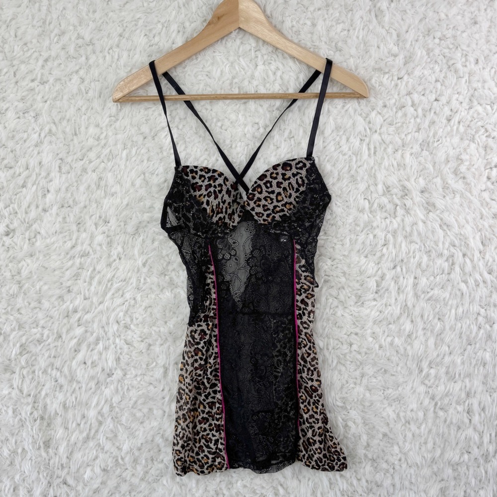 Tres Sexy by Oh La La Cheri‎ Leopard Print Lace Babydoll Chemise Small Black Tan